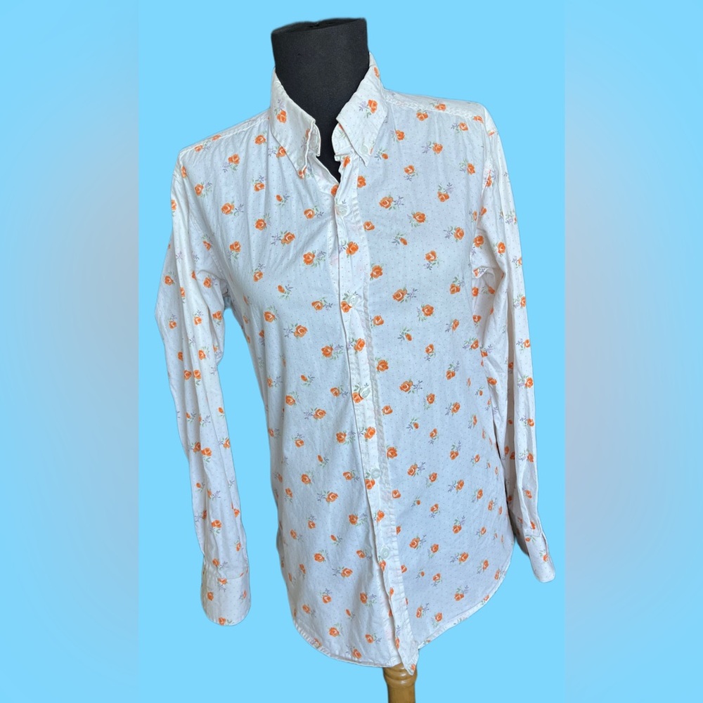 S Magic Men’s Collared Dress Shirt w/ orange floral pattern Medium (Slim) EUC - Picture 1 of 8
